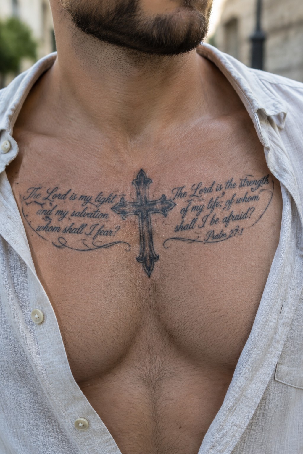 Man's chest with ornate cross tattoo and Psalm 27:1 verse under open white shirt