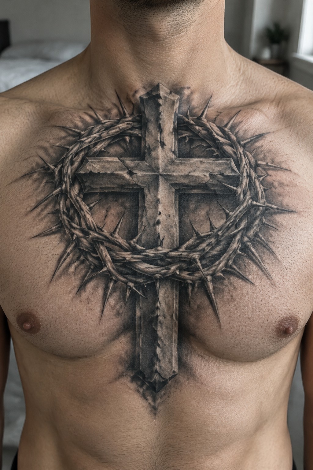 Shirtless torso with large black and gray cross and crown of thorns tattoo