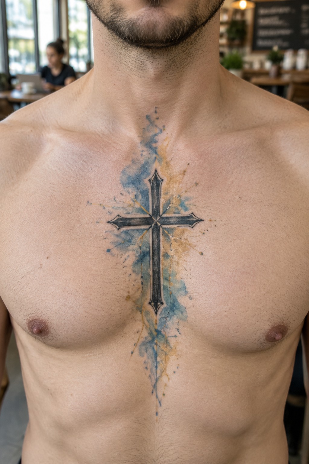 A black cross tattoo with blue and yellow watercolor splashes centered on a man's chest