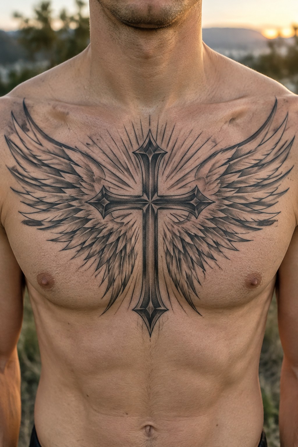 Muscular shirtless torso with large black winged cross tattoo at sunset.