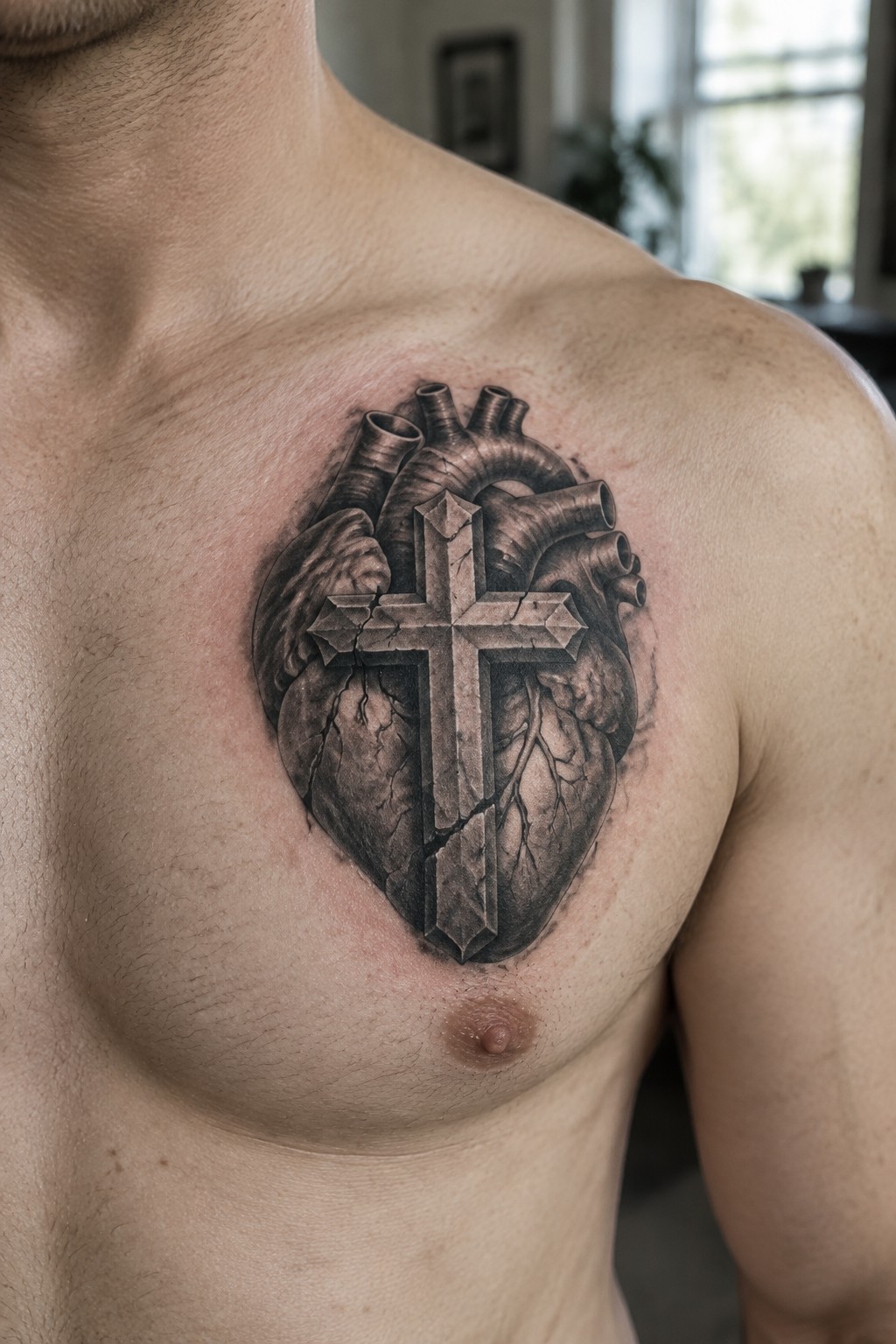 Realistic black and gray tattoo of cracked heart with stone cross on bare chest