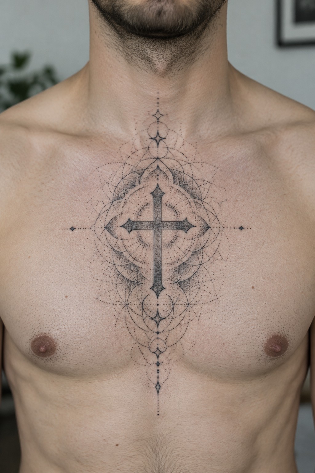 Central chest tattoo of a cross with geometric dotwork patterns extending from the neck downward in a symmetrical layout