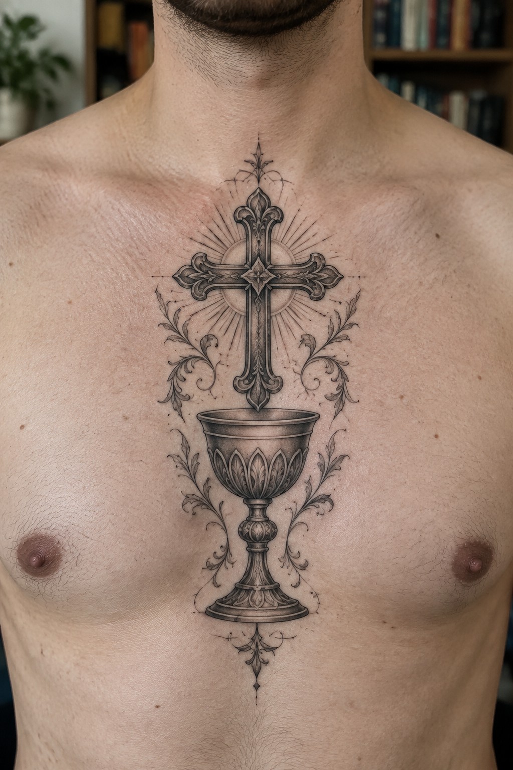 Ornate black-and-gray tattoo of cross above chalice with floral vines on bare chest