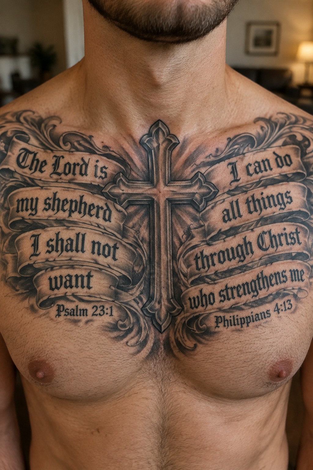 Man's chest with large ornate cross tattoo and Bible verse banners in black ink