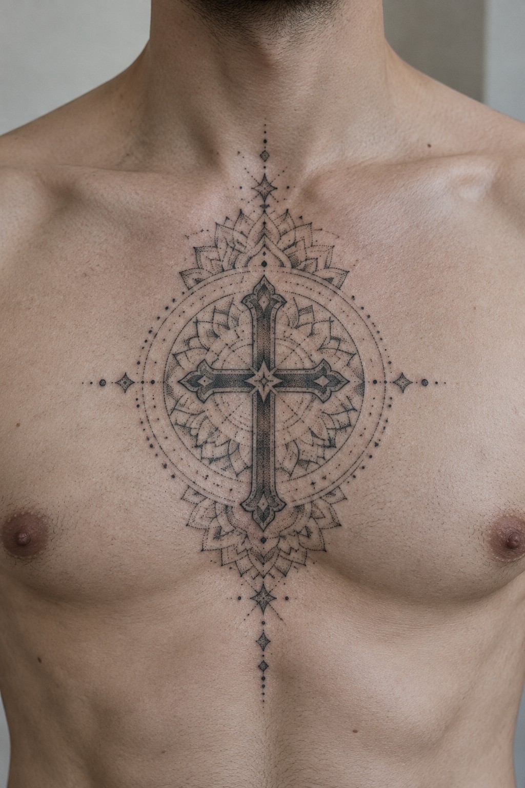 Intricate black cross mandala tattoo with dots and stars on bare male chest