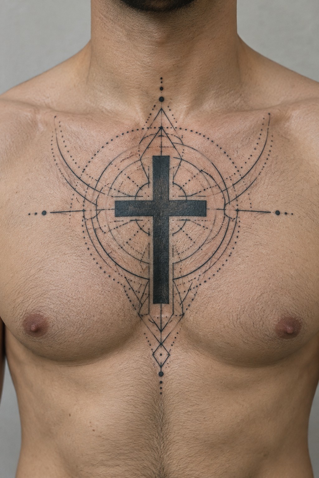 Shirtless man's chest with bold black cross and intricate geometric dotwork tattoo