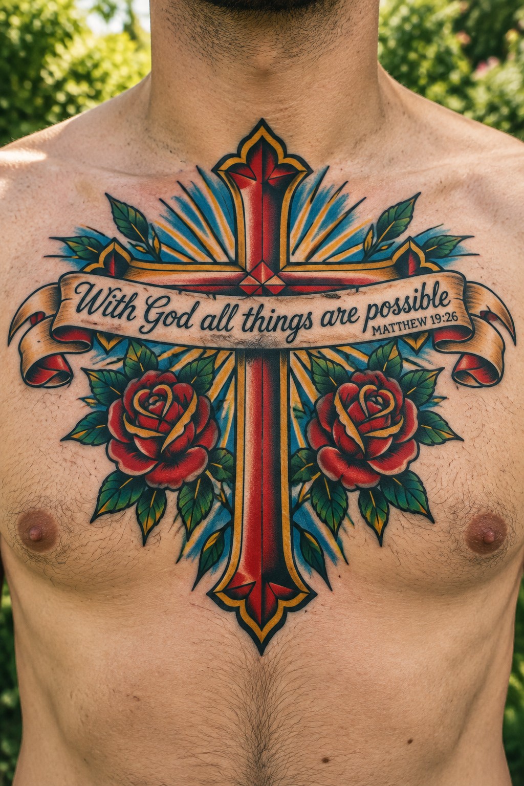 Traditional style cross tattoo on a man's chest with roses on both sides and a banner reading 