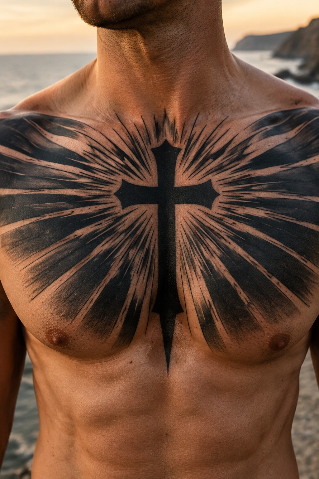 Muscular bare chest with large black cross and radiating burst tattoo at sunset beach
