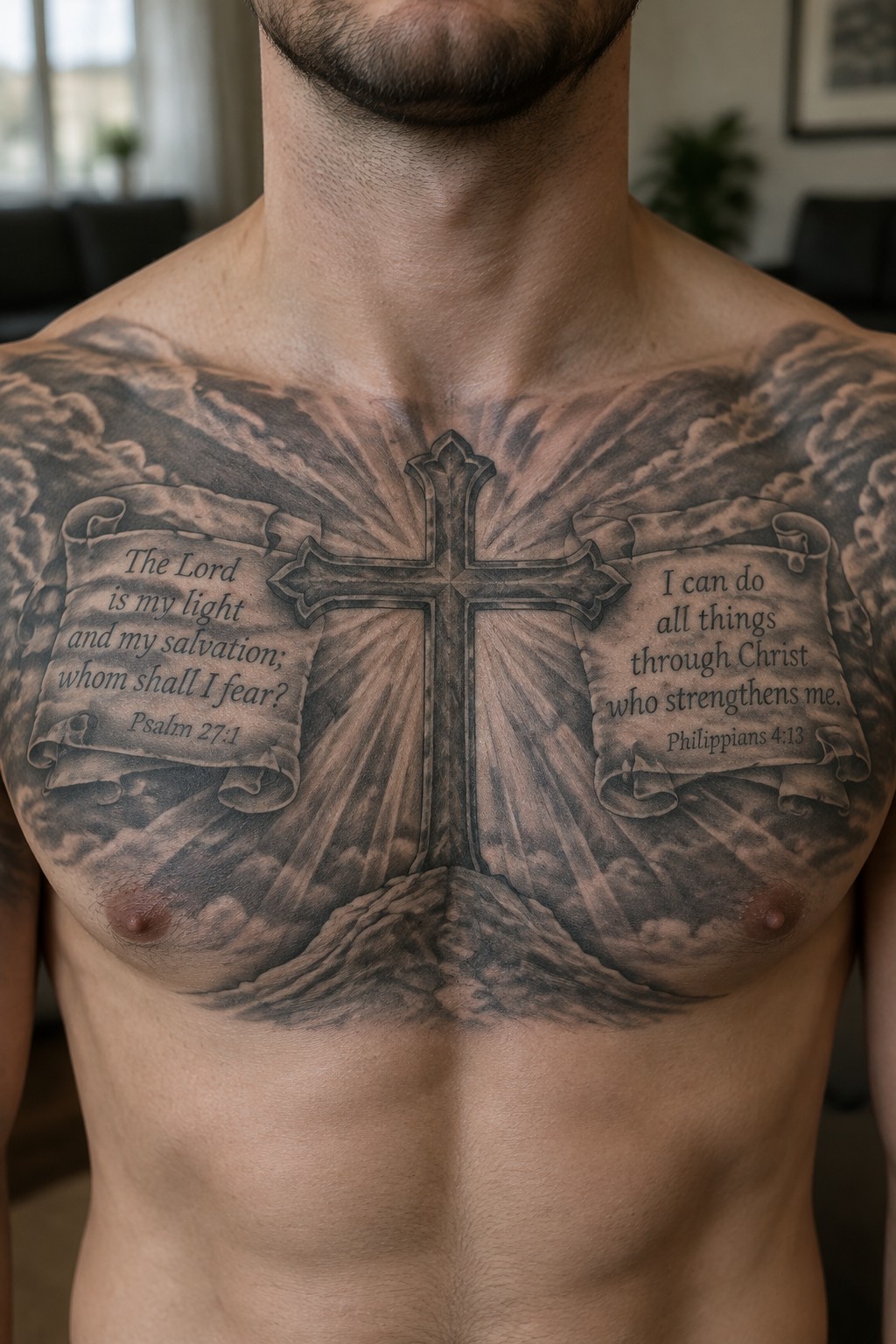 Man's chest tattoo featuring a central cross with biblical verses on flanking scrolls, surrounded by clouds and light rays in black and gray realism