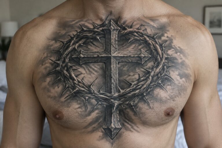 Shirtless torso with large black and gray cross and crown of thorns tattoo