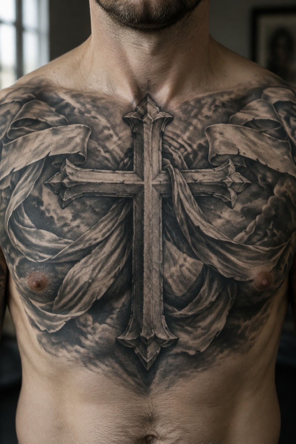 Ornate cross tattoo with clouds and flowing drapery on bare chest