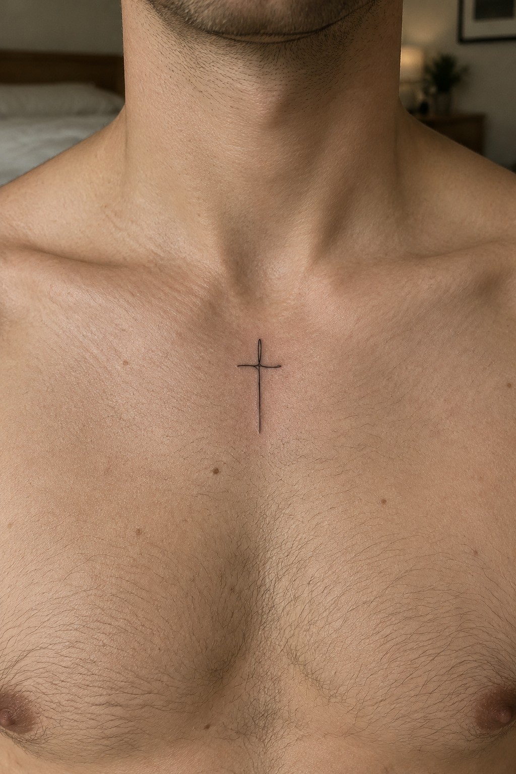 Shirtless man's chest with small black cross tattoo amid chest hair