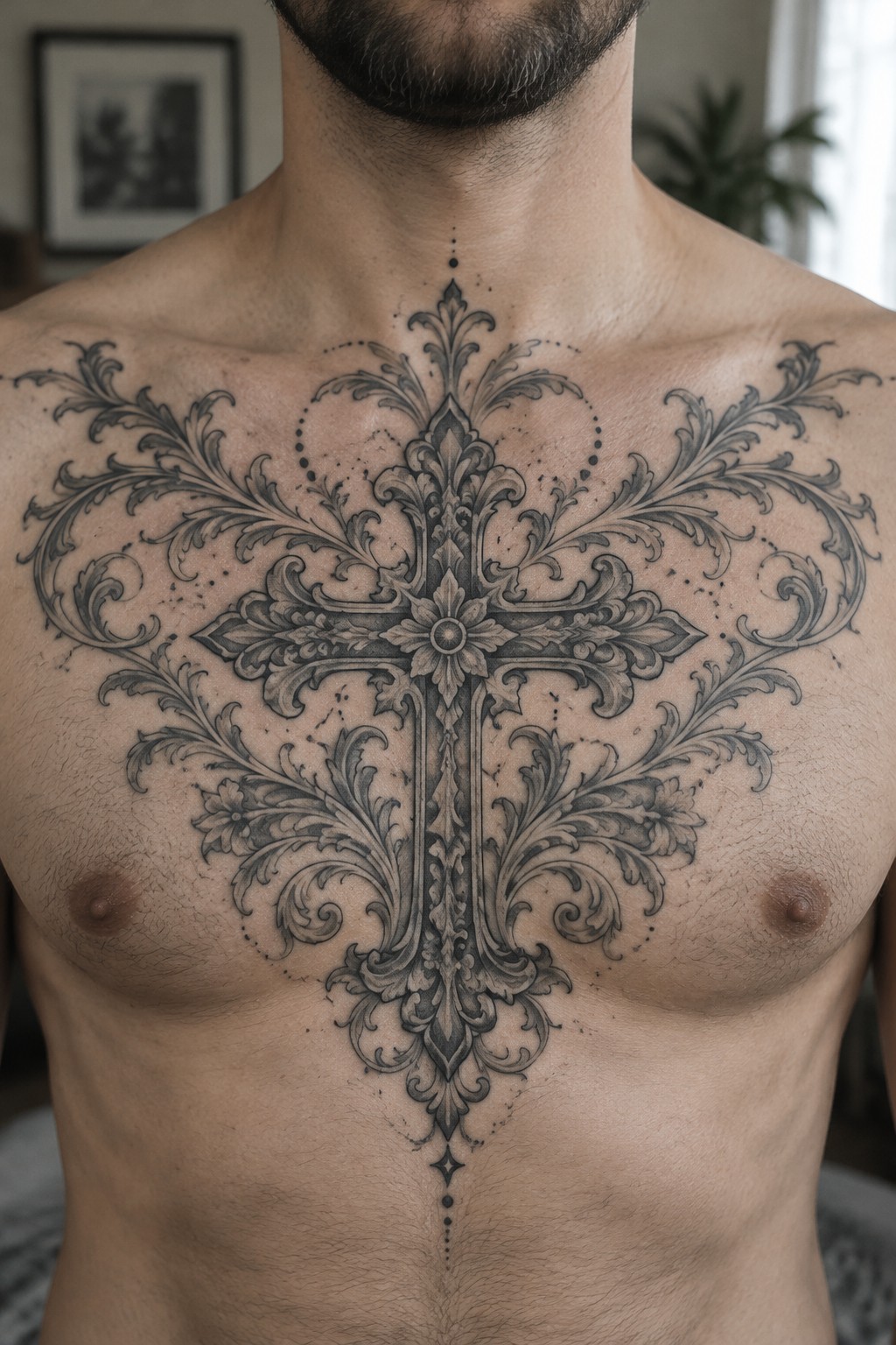 Large black and grey ornate cross tattoo on a man's chest with symmetrical floral filigree and dotted accents
