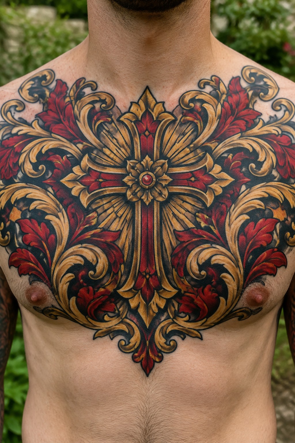Ornate red and gold cross tattoo with intricate floral scrolls on man's bare chest.