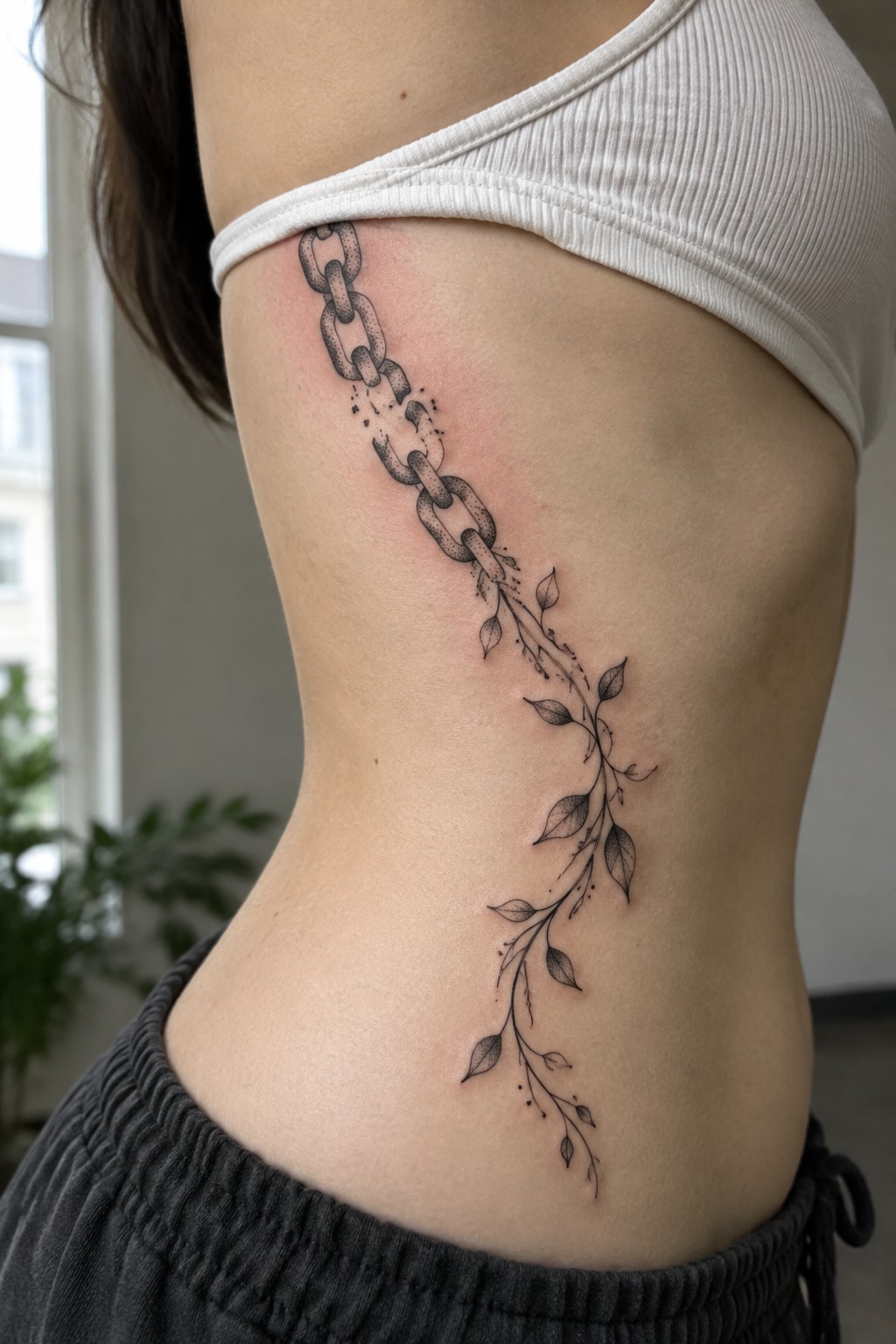 Fine-line black tattoo of a broken chain turning into a leafy vine, running diagonally down a woman’s side from below the bra to the waist.