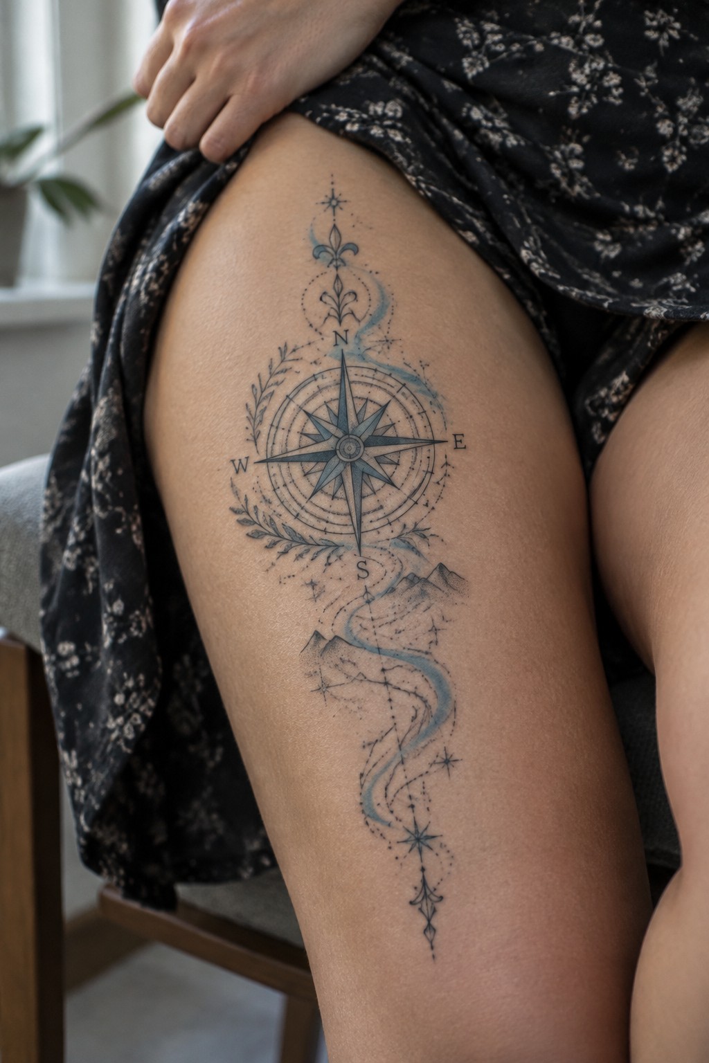 Fine-line compass tattoo with a winding blue river, small mountains, stars, and leafy details running down a woman’s thigh.