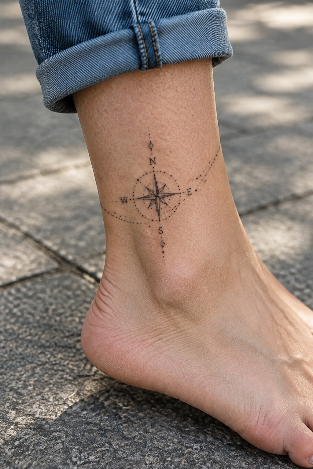 Fine-line compass tattoo with north, south, east, and west lettering and a dotted trail on the side of an ankle beneath rolled-up jeans.