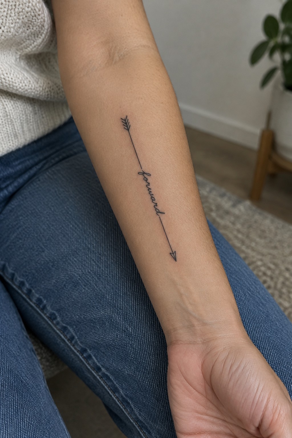 Fine-line black arrow tattoo with a feathered end and the word “renewed” along its shaft on the inner forearm.