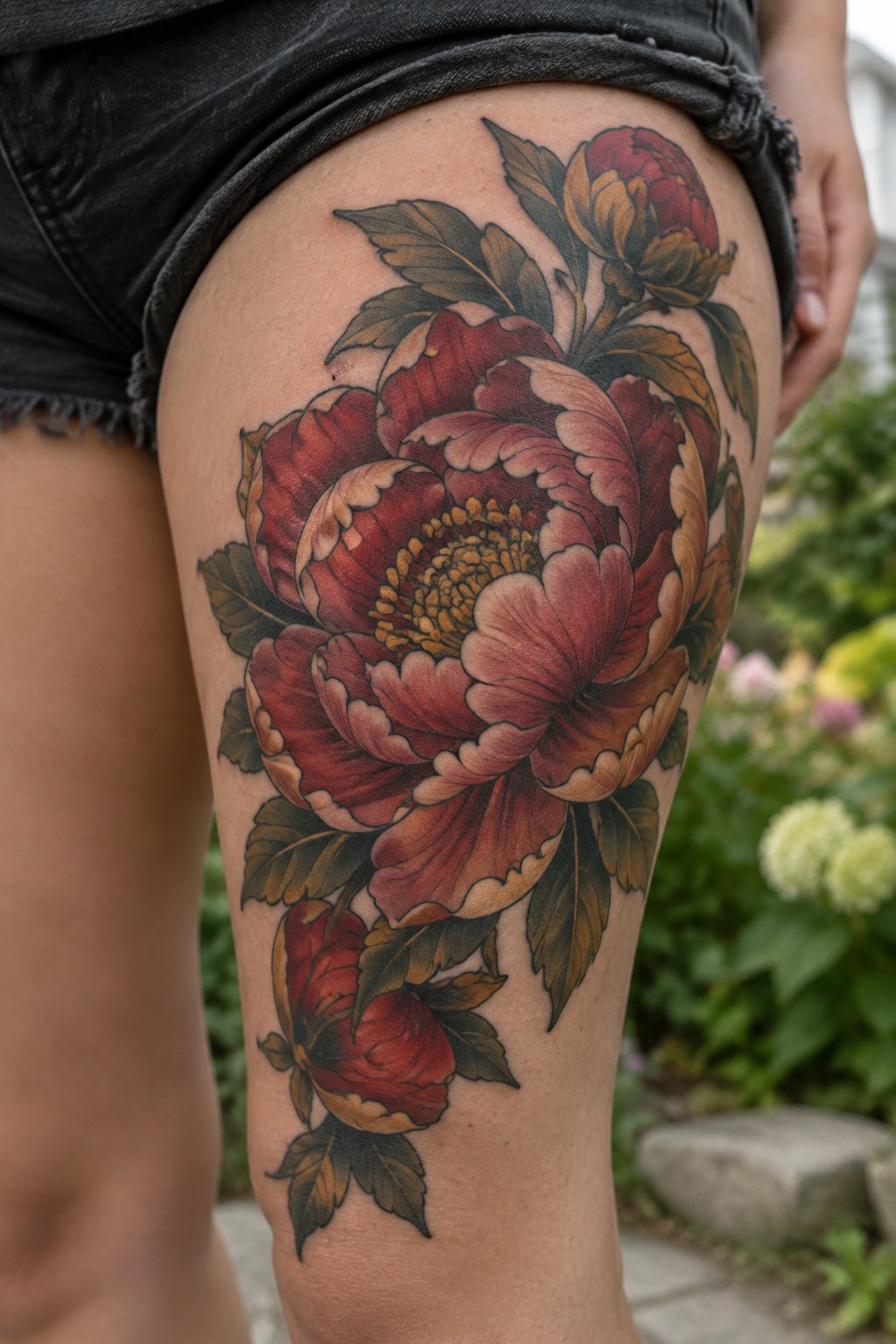 Large red peony tattoo with green leaves and smaller buds covering the outer thigh.