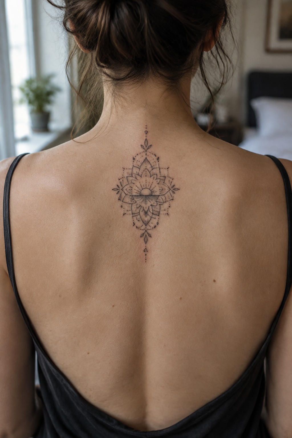 Fine-line floral mandala tattoo centered on a woman’s upper back, with delicate dots and vertical details extending along the spine.