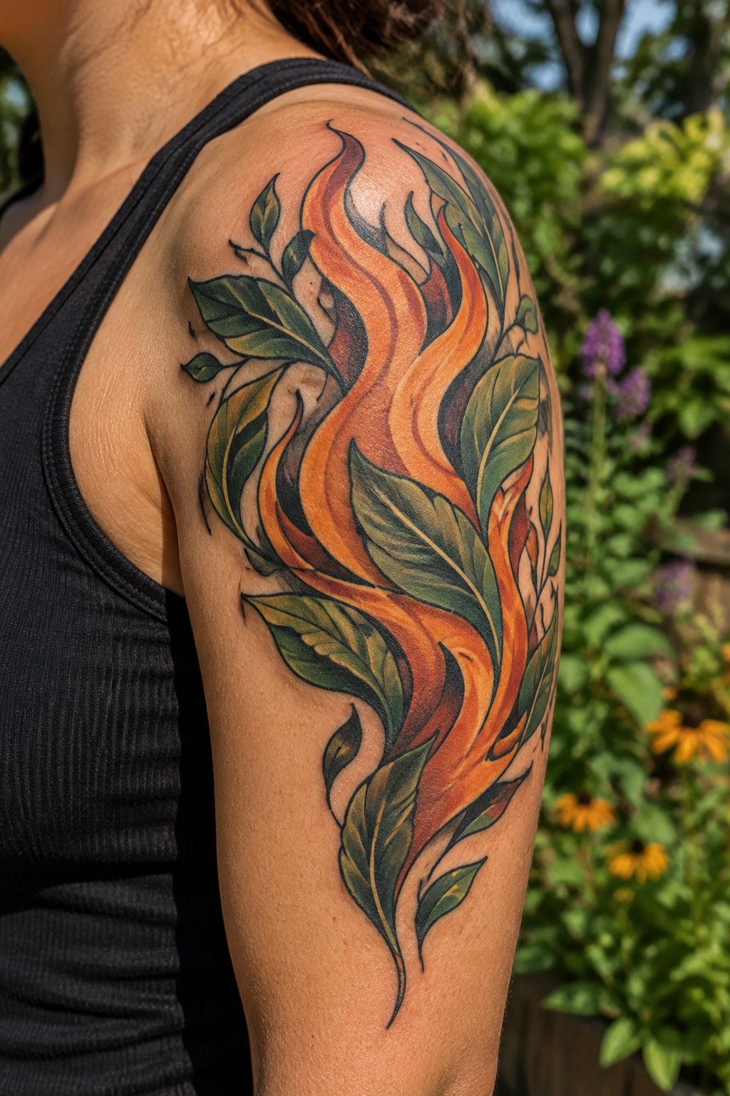 Colorful phoenix tattoo with green leaves wrapping across a woman’s shoulder and upper arm.