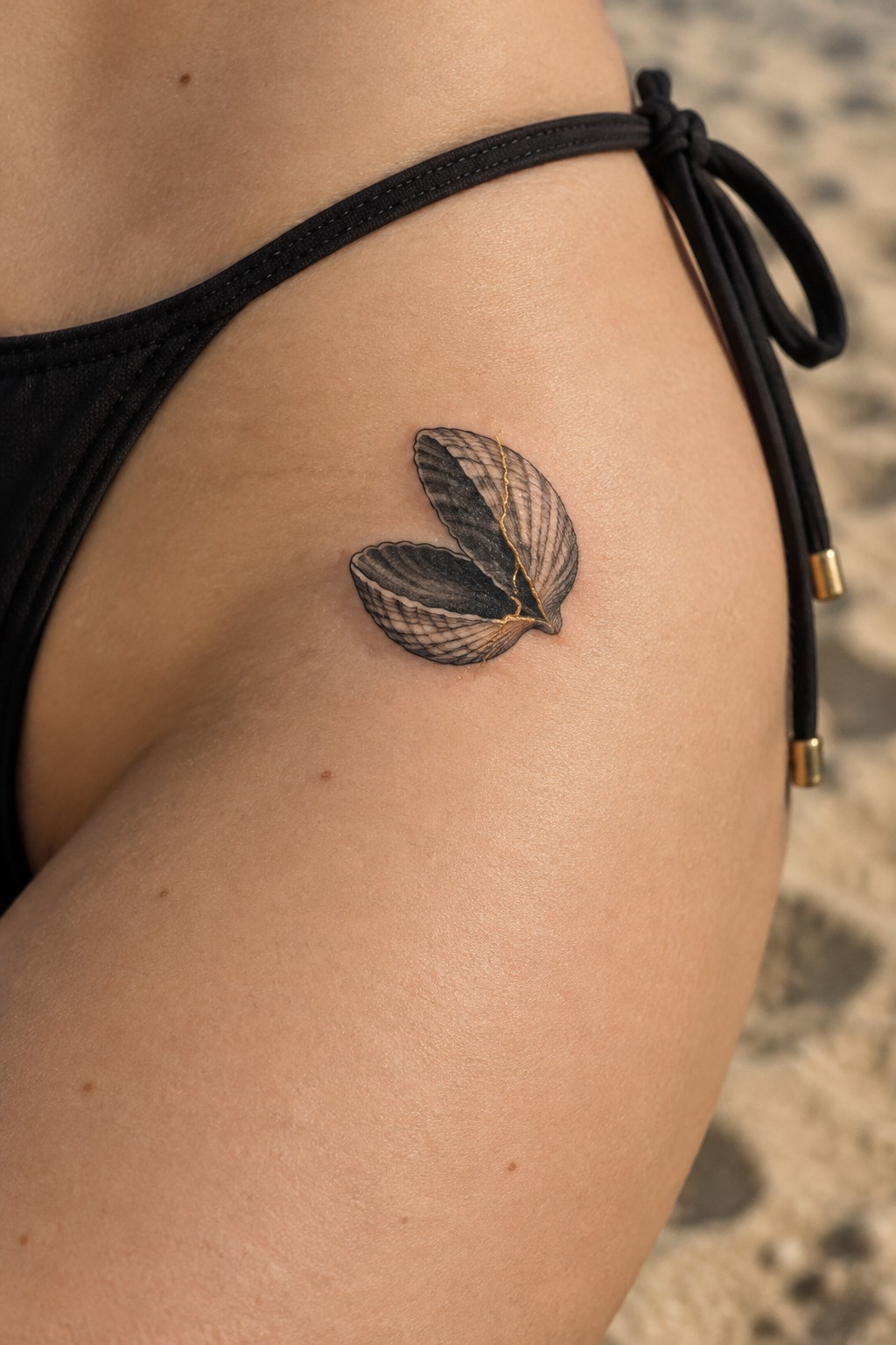 Small shaded open-shell tattoo with a fine gold line on the outer hip above a black bikini bottom.