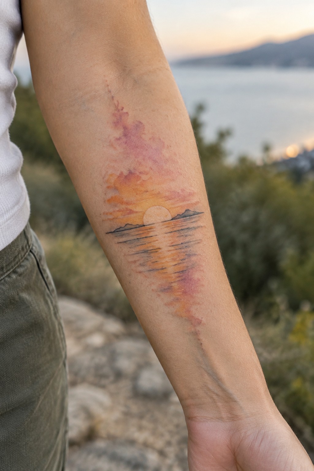 Watercolor sunset landscape tattoo with a small sun, distant hills, and fine-line water on a woman’s forearm.