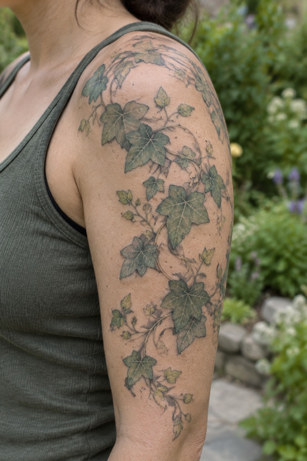 Muted green ivy vine tattoo winding from the shoulder down a woman’s upper arm.