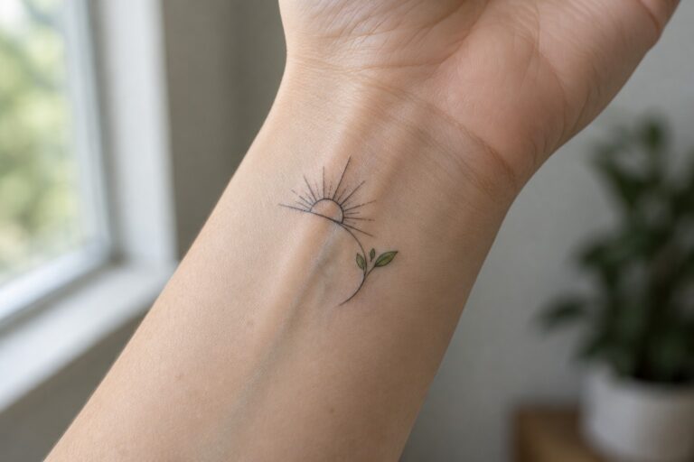 18 Creative Self-Improvement Tattoo Ideas for Women That Celebrate New Beginnings Small fine-line tattoo of a rising sun and green sprout on the inner wrist.