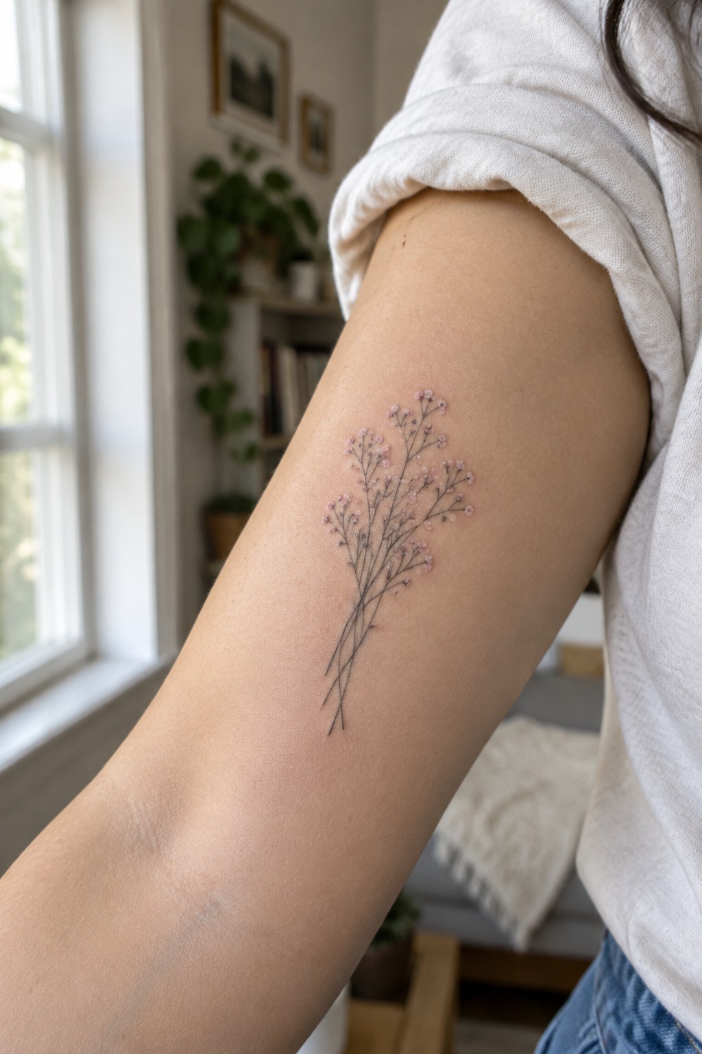 Small fine-line baby’s breath tattoo with tiny pink blossoms on the upper arm.