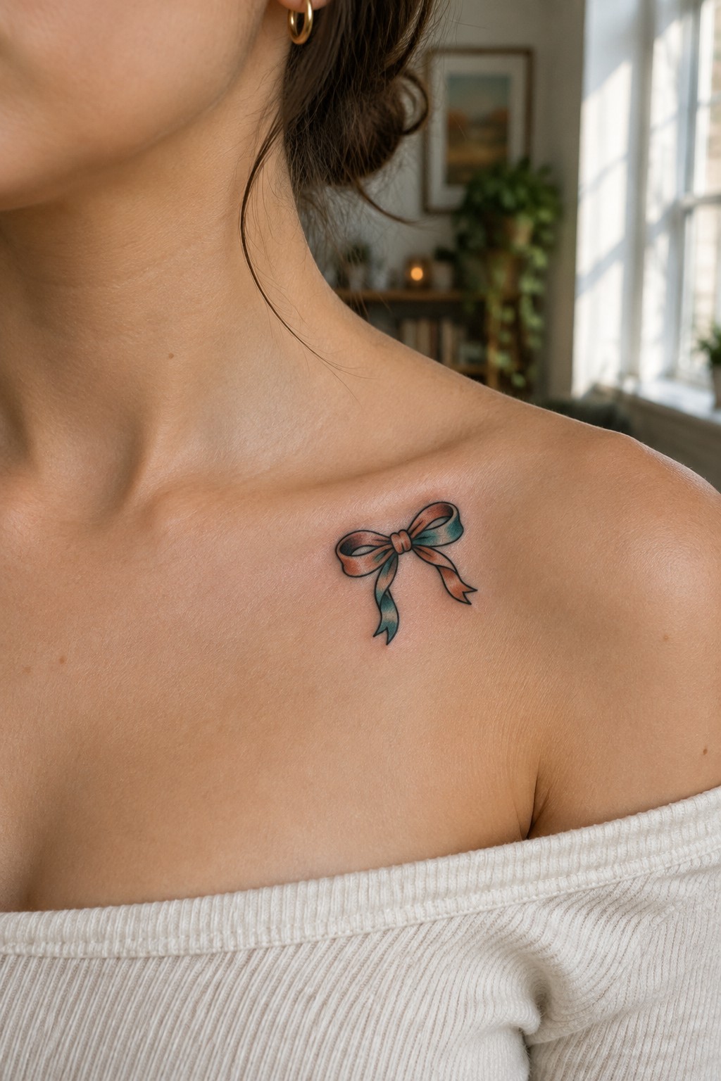 Small colored bow tattoo below a woman’s collarbone.
