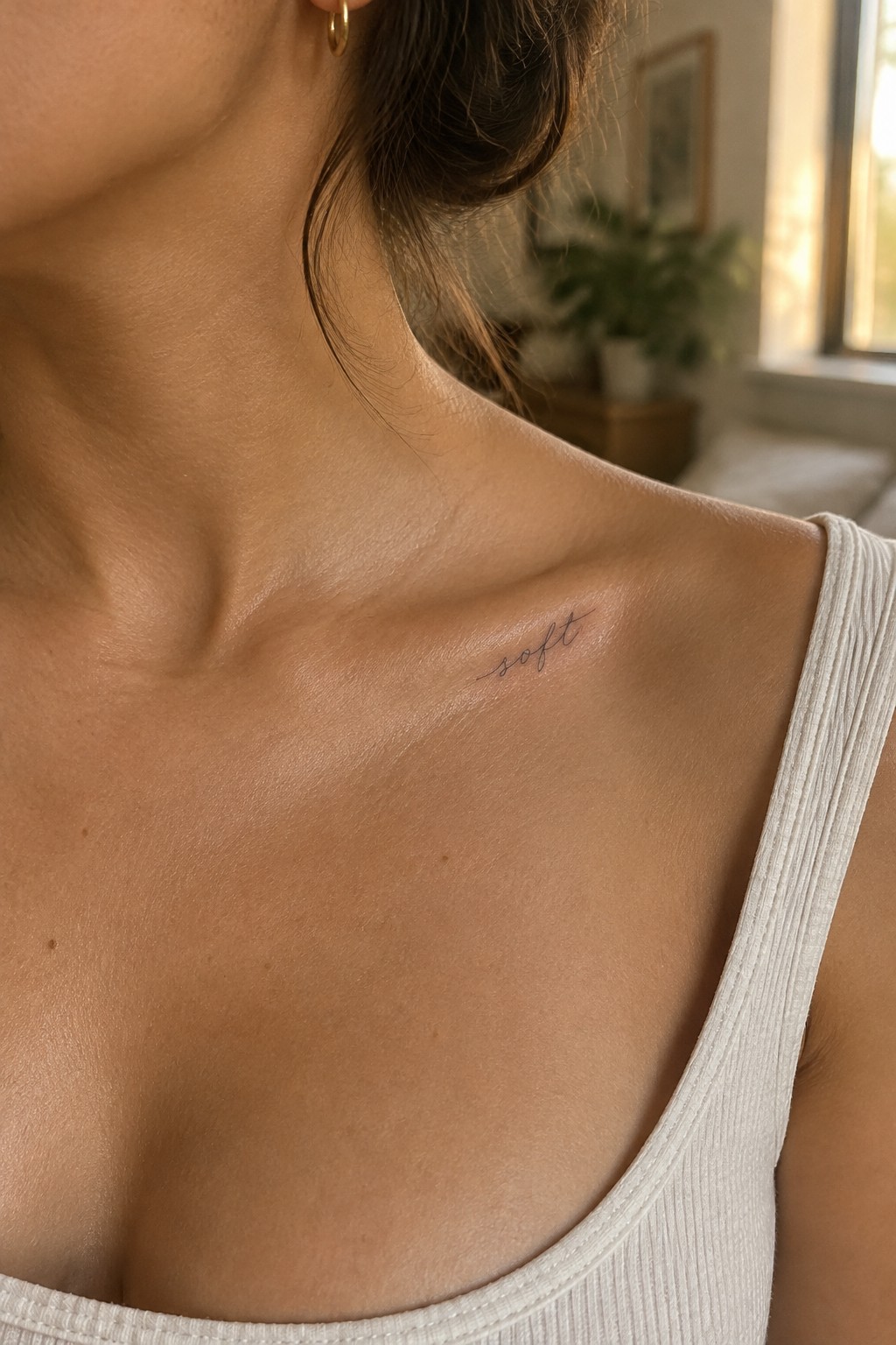 Small fine-line script tattoo reading “soft” along a woman’s collarbone.