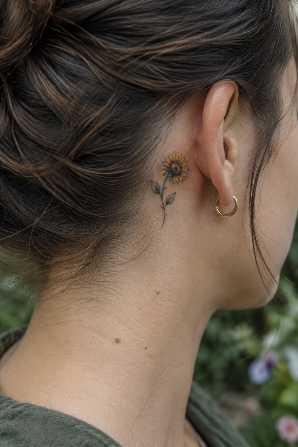 Small muted-color sunflower tattoo behind a woman’s ear, with a slim stem and two leaves.