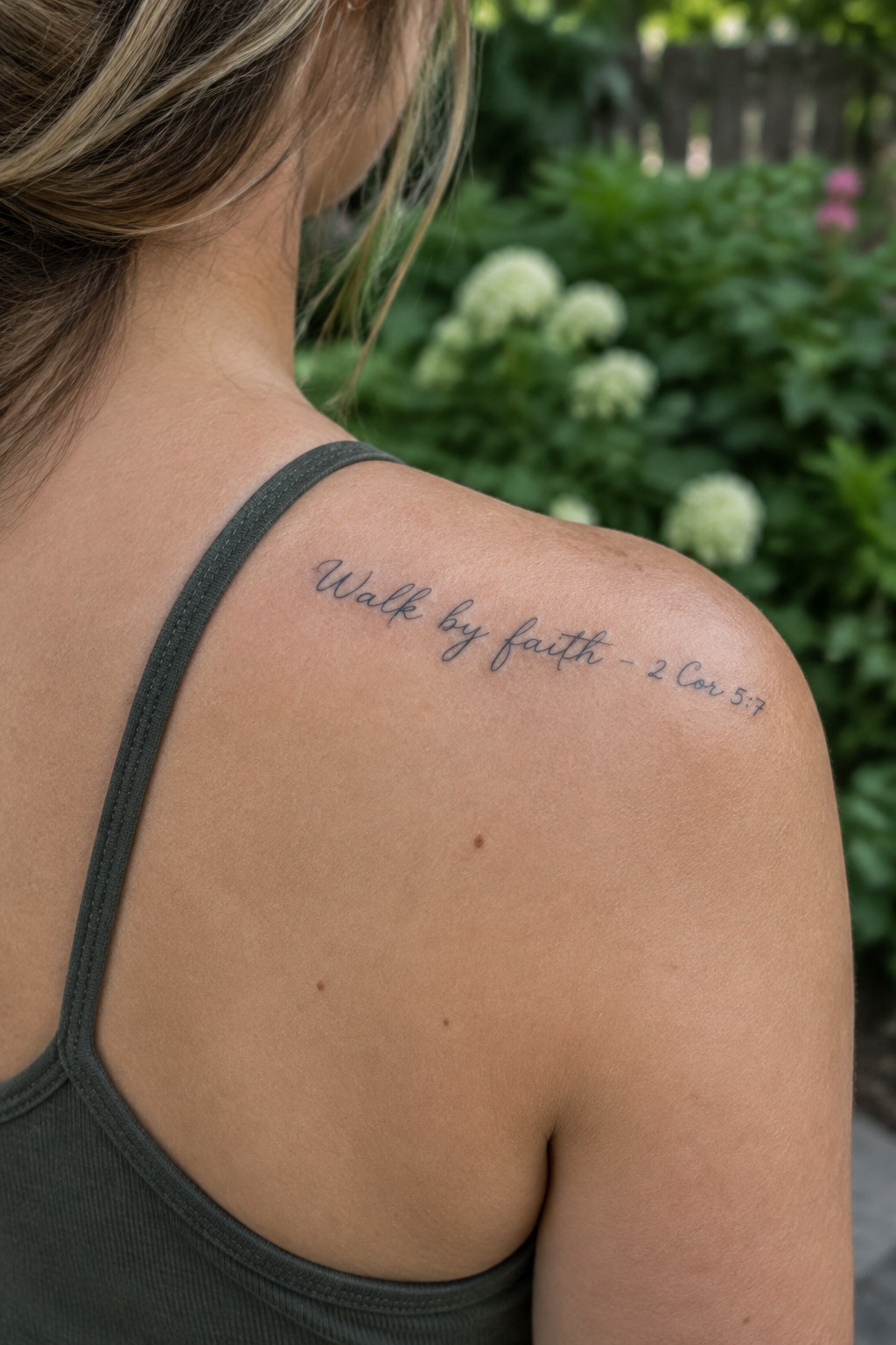 Woman's shoulder with cursive tattoo