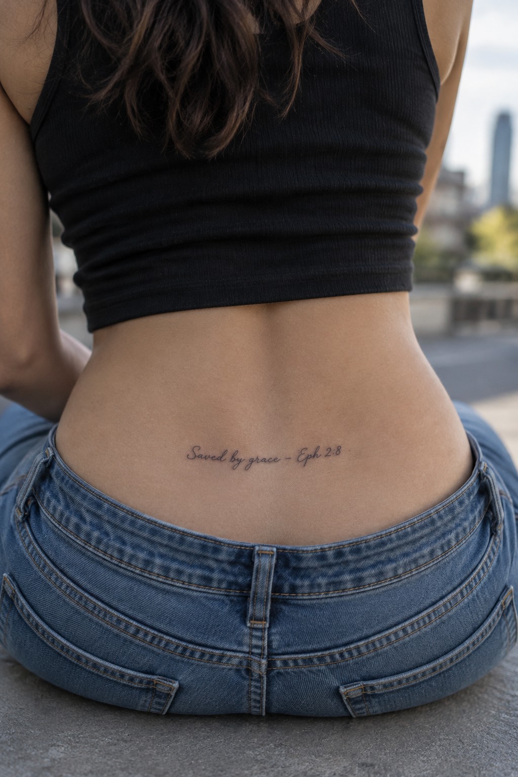 Saved by grace - Eph 2:8' tattoo on lower back above blue jeans and black crop top