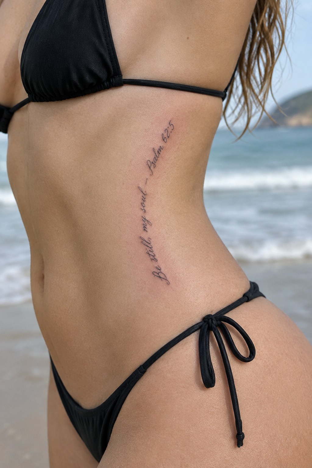 Woman in black bikini with cursive side tattoo on sunny beach by ocean waves