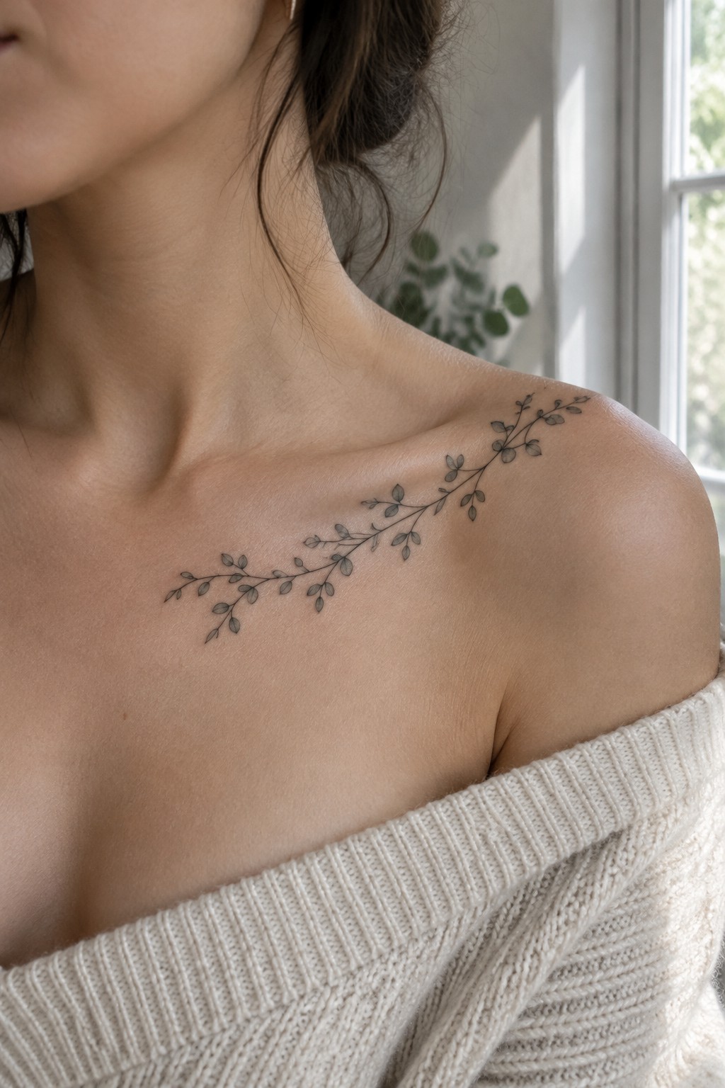 Fine-line leafy branch tattoo extending diagonally across a woman’s collarbone toward her shoulder.