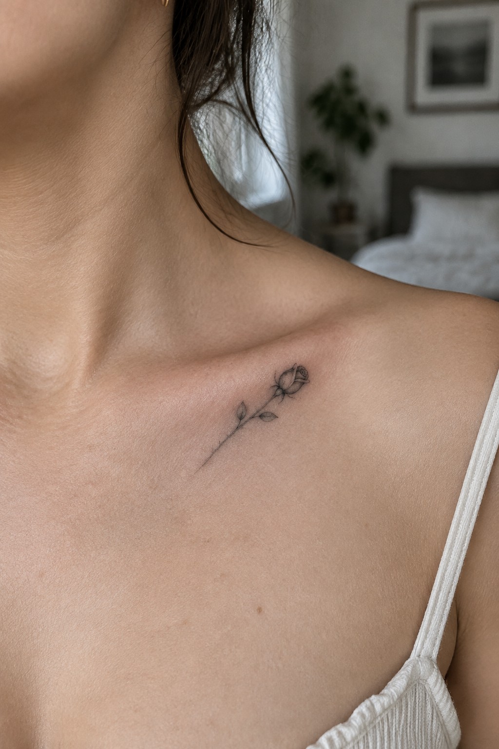 Small fine-line rose tattoo with a slender stem and leaves below a woman’s collarbone.