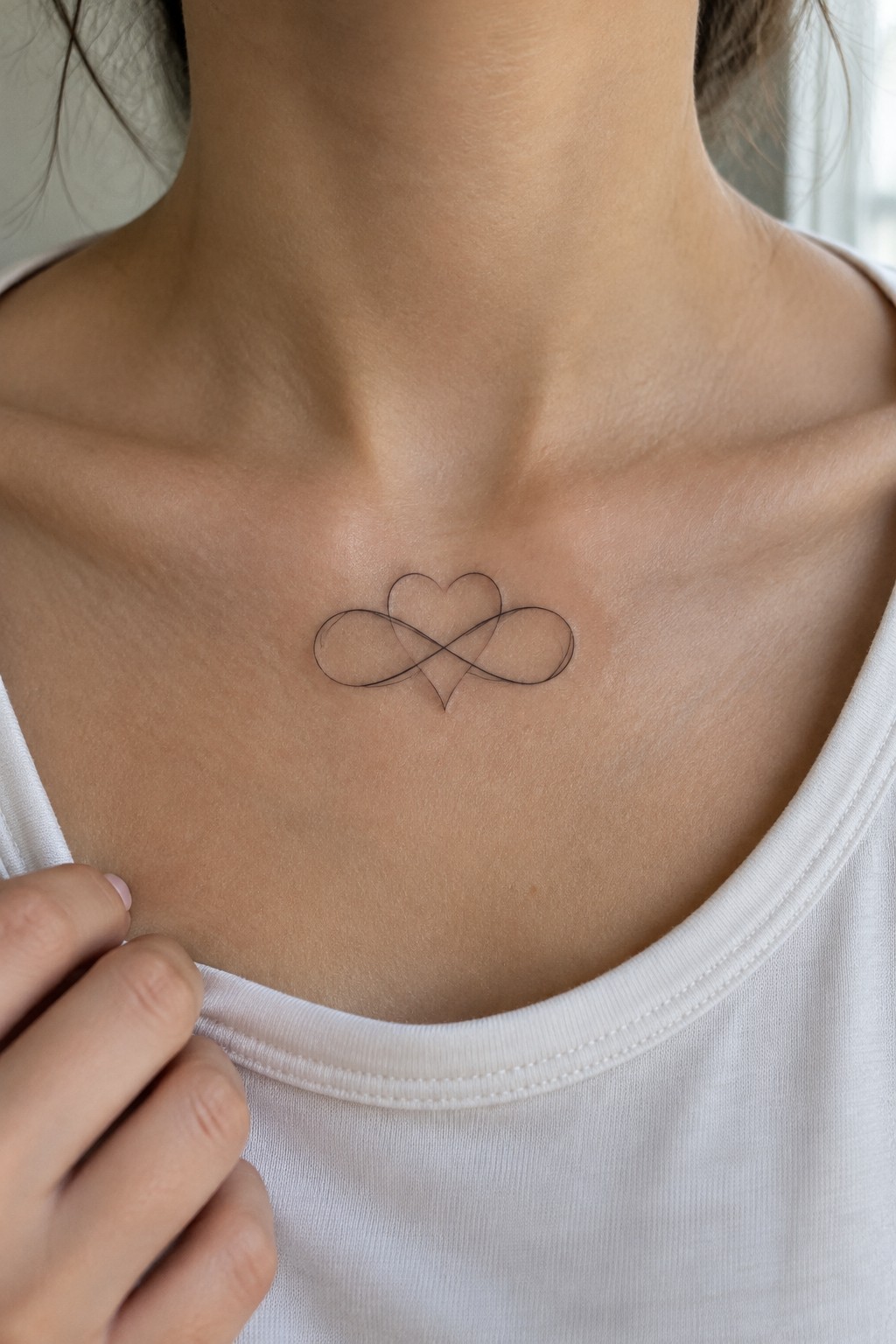 Small fine-line tattoo combining a heart and infinity symbol centered below a woman’s collarbones.