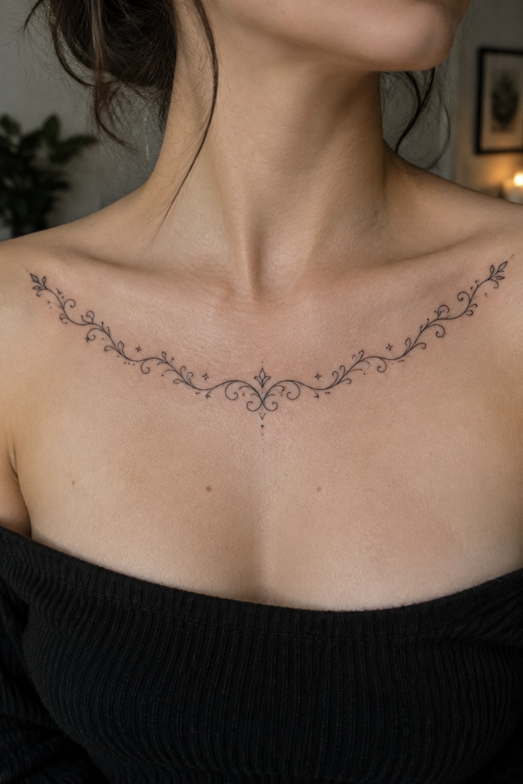 Fine-line symmetrical vine tattoo with leaves, stars, and a central flourish across a woman’s collarbones.
