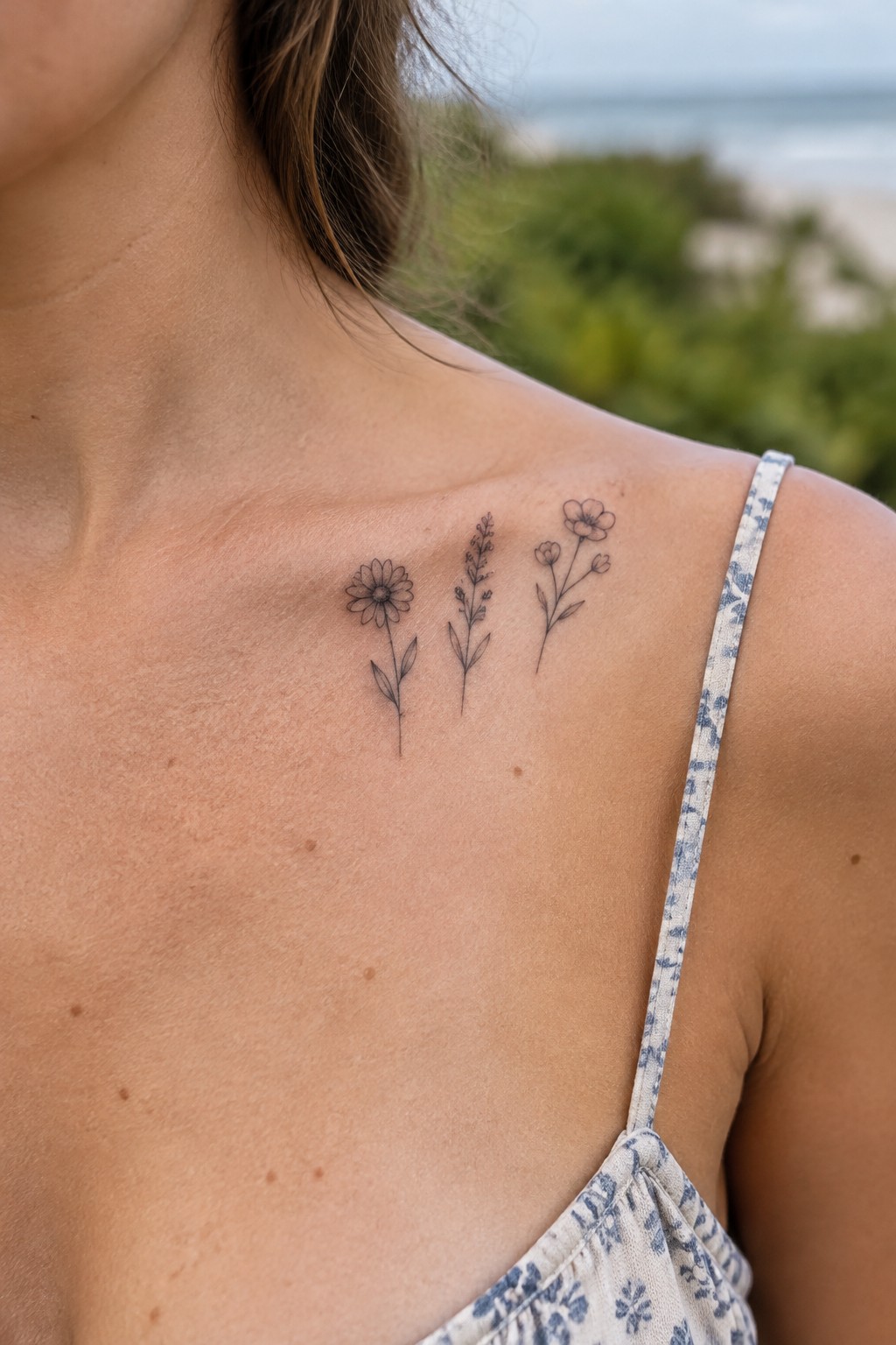Fine-line tattoo of three small wildflowers beneath a woman’s collarbone, beside a floral shoulder strap.