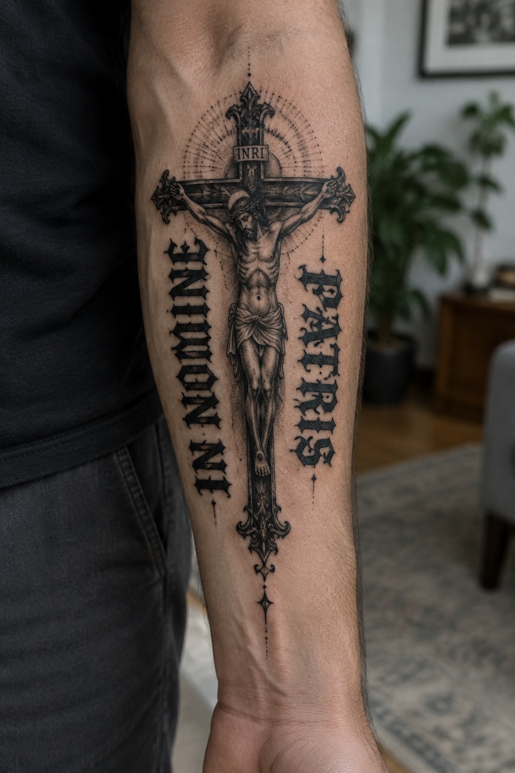Inner forearm tattoo of a large crucifix with Jesus, gothic lettering reading In Nomine and Patris, and INRI at the top in blackwork style