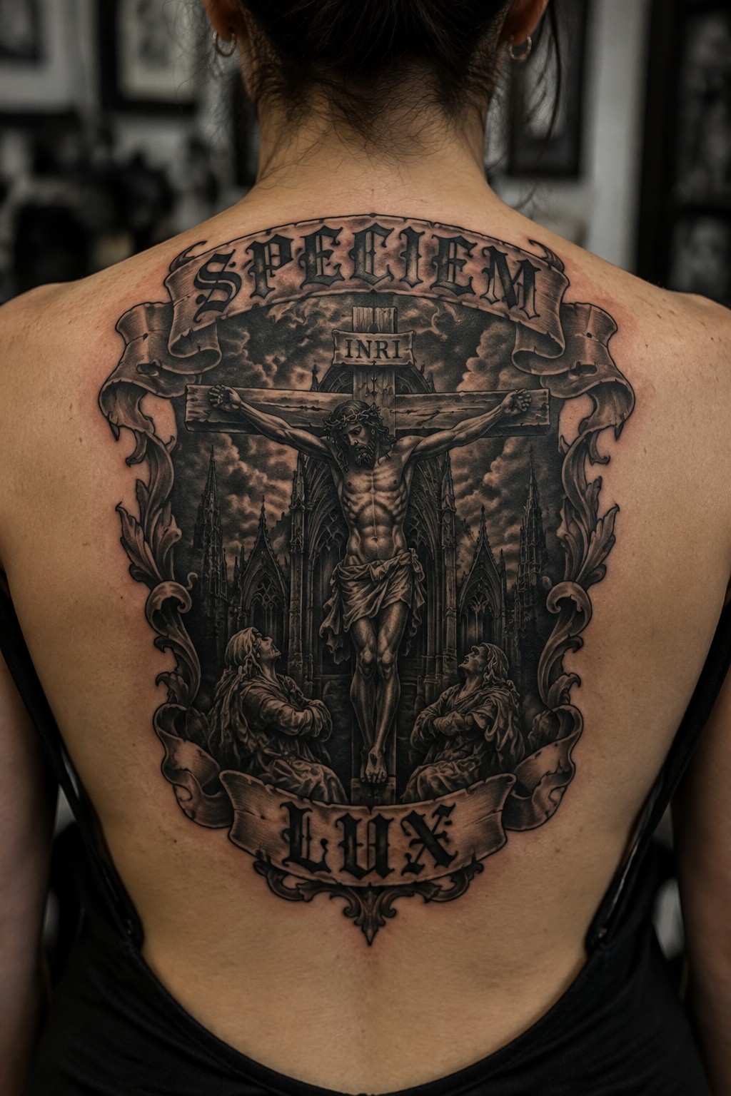 Black-and-gray tattoo of crucified Jesus with gothic cathedrals, two figures, and 