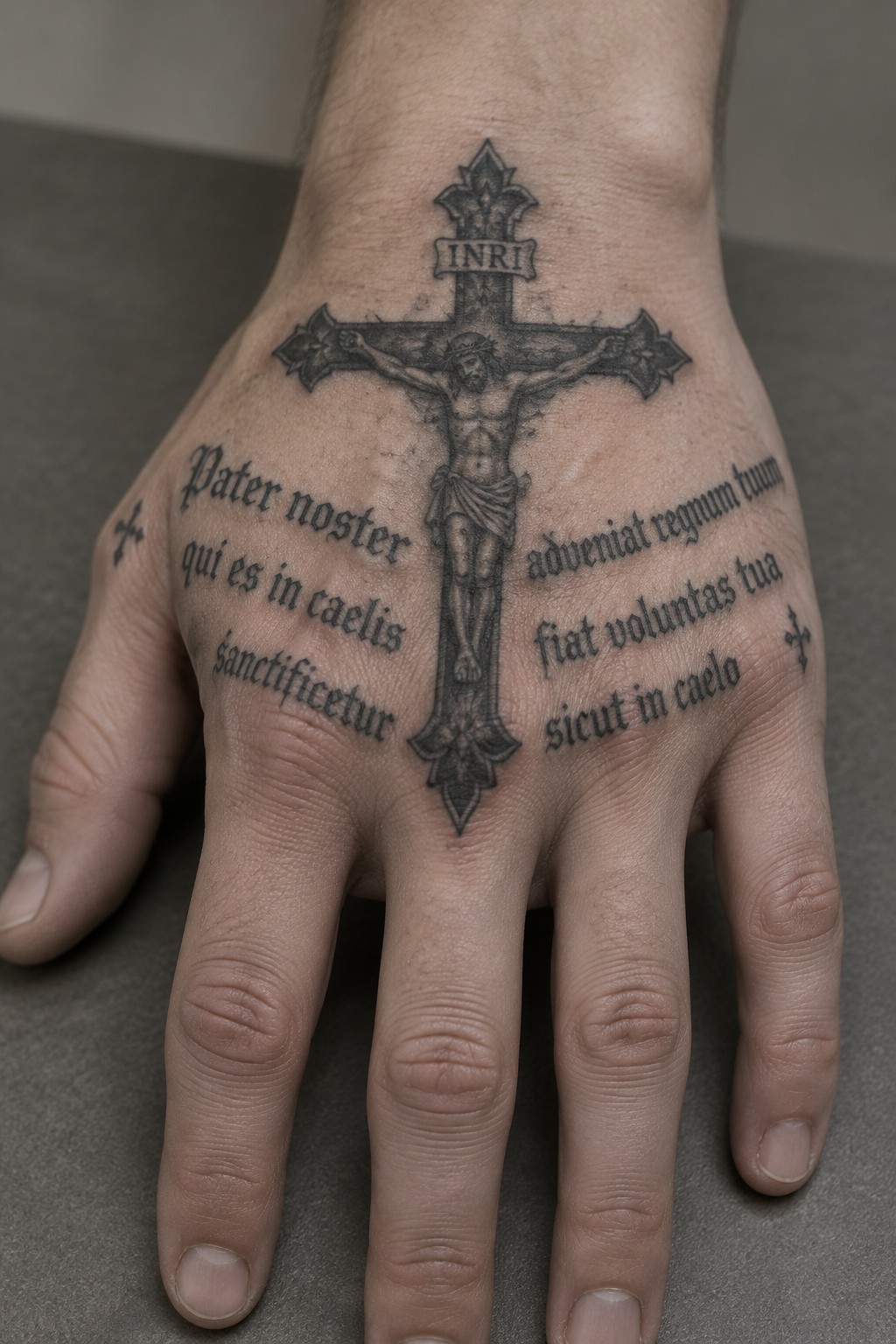 Hand with ornate crucifix tattoo of Jesus and Latin prayer text on palm