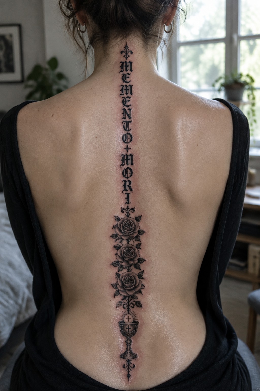 Woman's back with vertical Memento Mori tattoo, roses, and chalice in black ink.