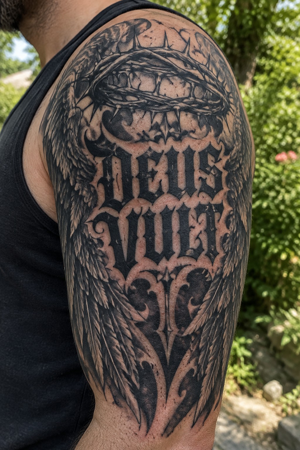 Black tank top and shoulder tattoo with wings, crown of thorns, and 