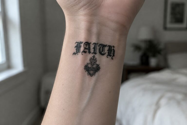 Black gothic "FAITH" tattoo above a crowned, thorny sacred heart on wrist