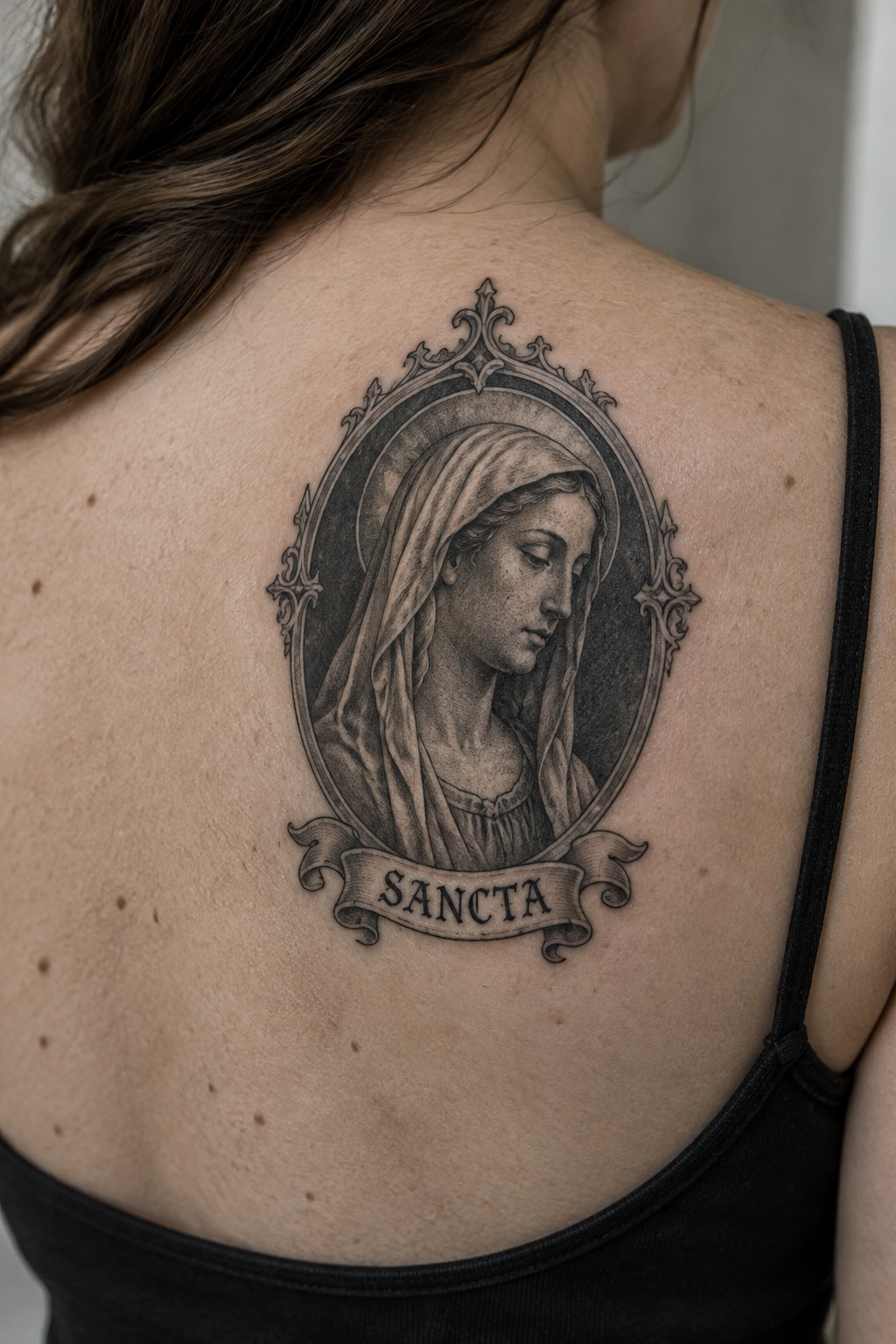 Black and grey tattoo of a veiled woman inside an ornate oval frame with a sancta banner below, centered on the upper back.