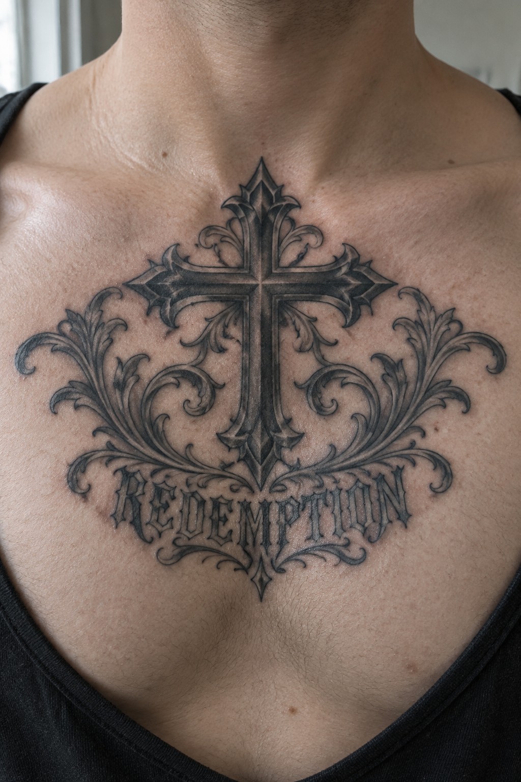 Ornate black cross tattoo with floral flourishes and redemption text on chest