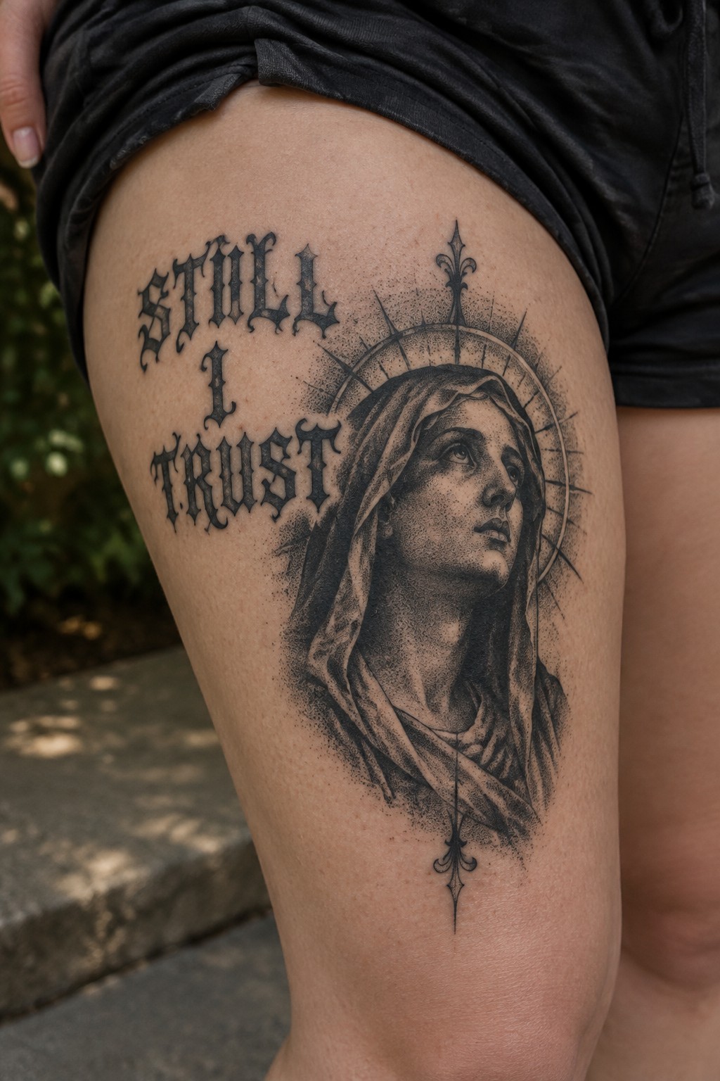 Blackwork tattoo on thigh with 